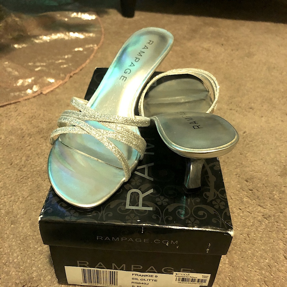 low heel dress sandal. Silver size 6